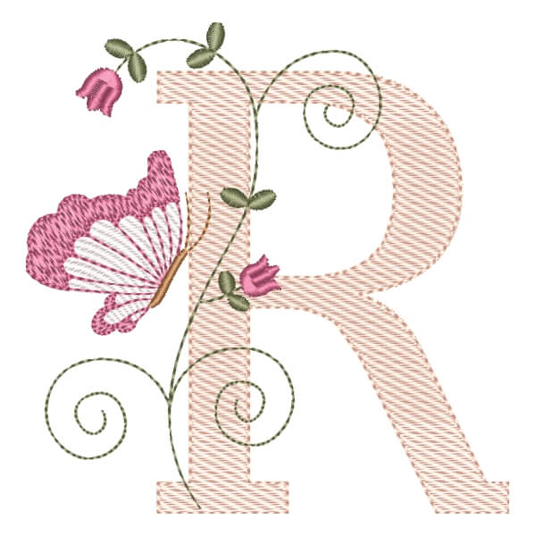 Matriz de Bordado  Letra R com Borboleta (Pontos Leves)