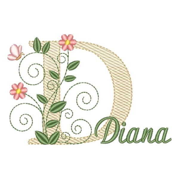 Matriz de Bordado  Letra D com Arranjo Floral e Nome Matriz de Bordado  Letra D com Arranjo Floral e Nome