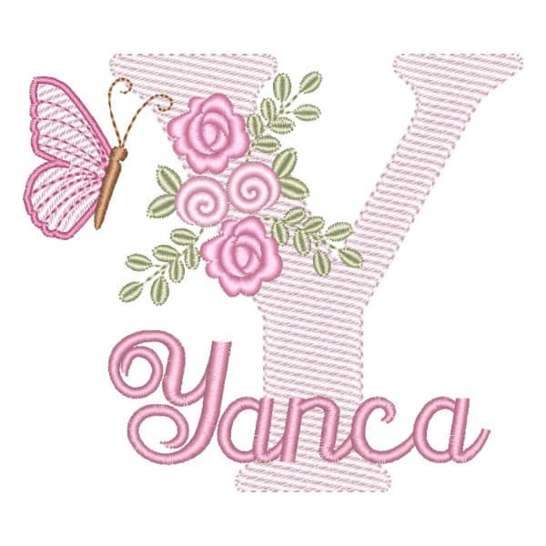 Matriz de Bordado  Letra Y com Flores Borboleta e Nome (Pontos Leves)