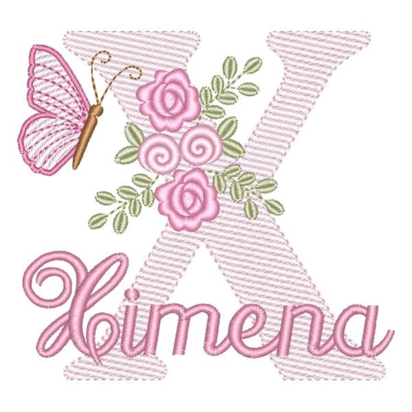 Matriz de Bordado  Letra X com Flores Borboleta e Nome (Pontos Leves)