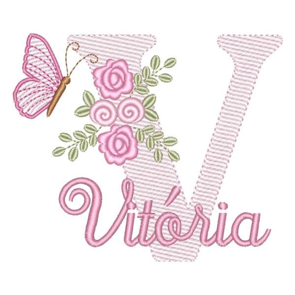 Matriz de Bordado  Letra V com Flores Borboleta e Nome (Pontos Leves)