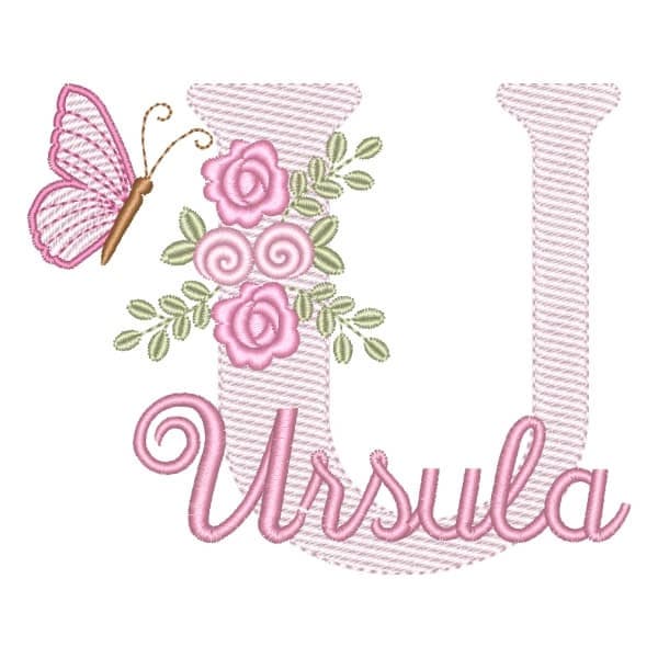 Matriz de Bordado  Letra U com Flores Borboleta e Nome (Pontos Leves)