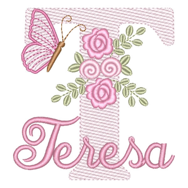 Matriz de Bordado  Letra T com Flores Borboleta e Nome (Pontos Leves)
