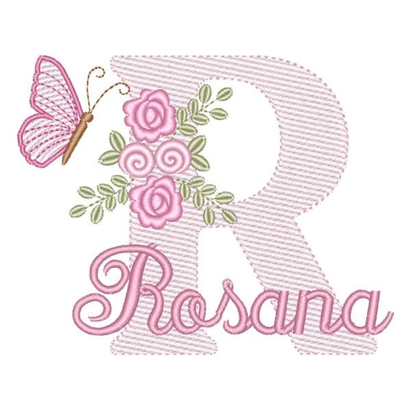 Matriz de Bordado  Letra R com Flores Borboleta e Nome (Pontos Leves)