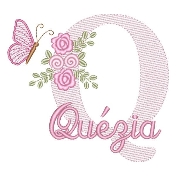 Matriz de Bordado  Letra Q com Flores Borboleta e Nome (Pontos Leves)