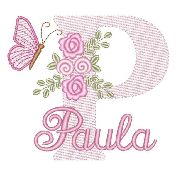 Matriz de Bordado  Letra P com Flores Borboleta e Nome (Pontos Leves)