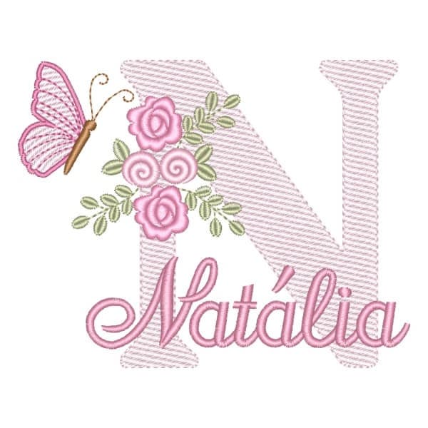 Matriz de Bordado  Letra N com Flores Borboleta e Nome (Pontos Leves)