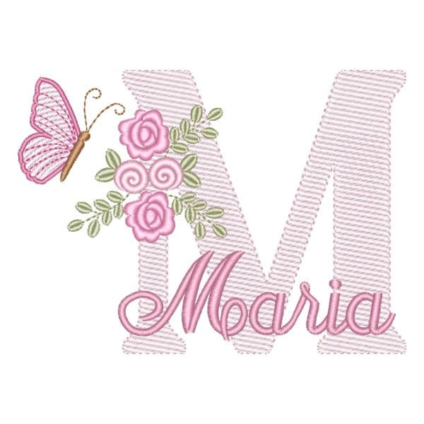 Matriz de Bordado  Letra M com Flores Borboleta e Nome (Pontos Leves)