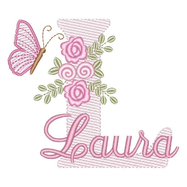 Matriz de Bordado  Letra L com Flores Borboleta e Nome (Pontos Leves)