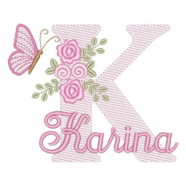 Matriz de Bordado  Letra K com Flores Borboleta e Nome (Pontos Leves)