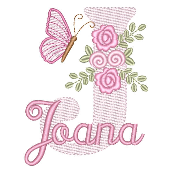 Matriz de Bordado  Letra J com Flores Borboleta e Nome (Pontos Leves)