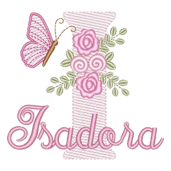 Matriz de Bordado  Letra I com Flores Borboleta e Nome (Pontos Leves)