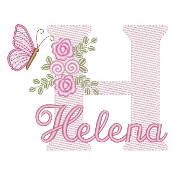 Matriz de Bordado  Letra H com Flores Borboleta e Nome (Pontos Leves)