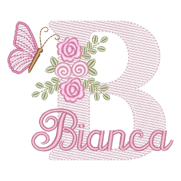 Matriz de Bordado  Letra B com Flores Borboleta e Nome (Pontos Leves)
