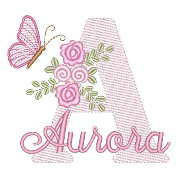 Matriz de Bordado  Letra A com Flores Borboleta e Nome (Pontos Leves)