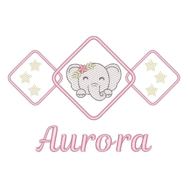 Matriz de Bordado  Elefante Fofa na Moldura com Nome