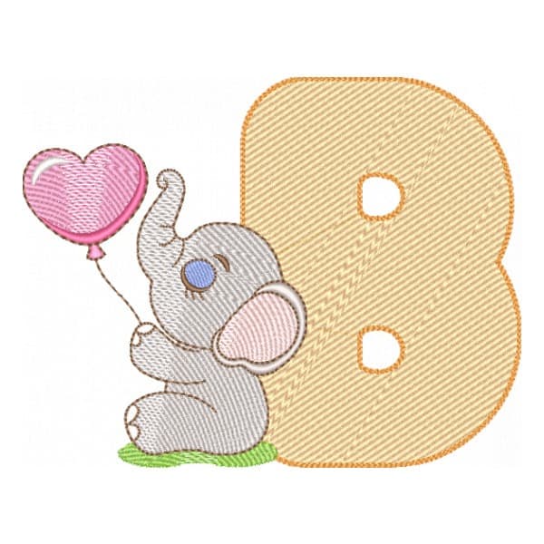 Matriz de Bordado  Letra B com Bebê Elefante (Pontos Leves)