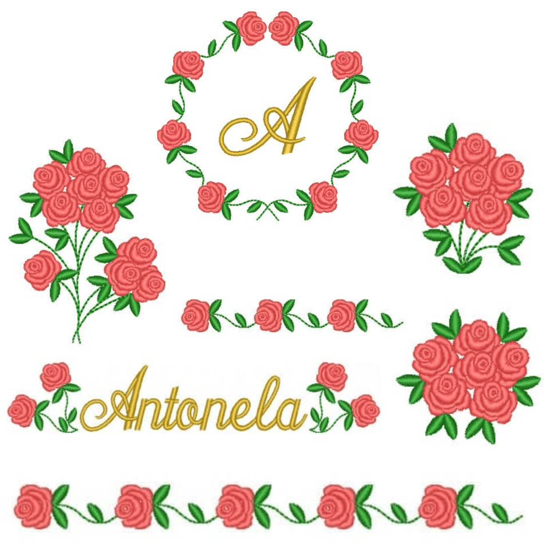  Pacote de Matrizes Galho buque de rosas com inicial e nome