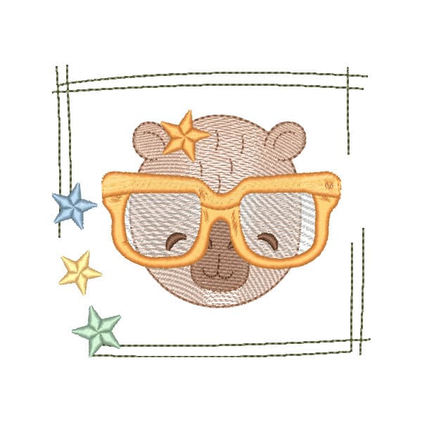 Matriz de Bordado  Capivara Fofa de Óculos na Moldura com Estrelas (Pontos Leves)