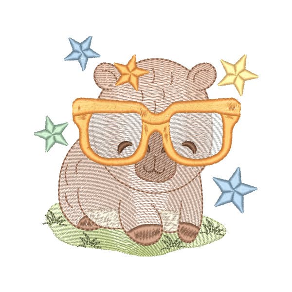 Matriz de Bordado  Capivara Fofa de Óculos com Estrelas (Pontos Leves)