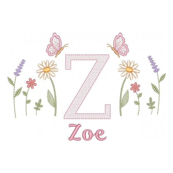 Matriz de Bordado  Letra Z com Jardim e Borboletas (Pontos Leves)