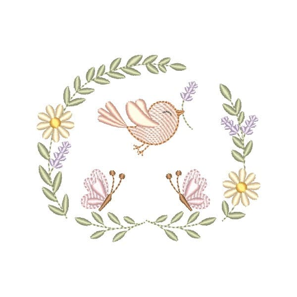 Matriz de Bordado  Moldura Floral com Passarinho e Borboletas (Pontos Leves)