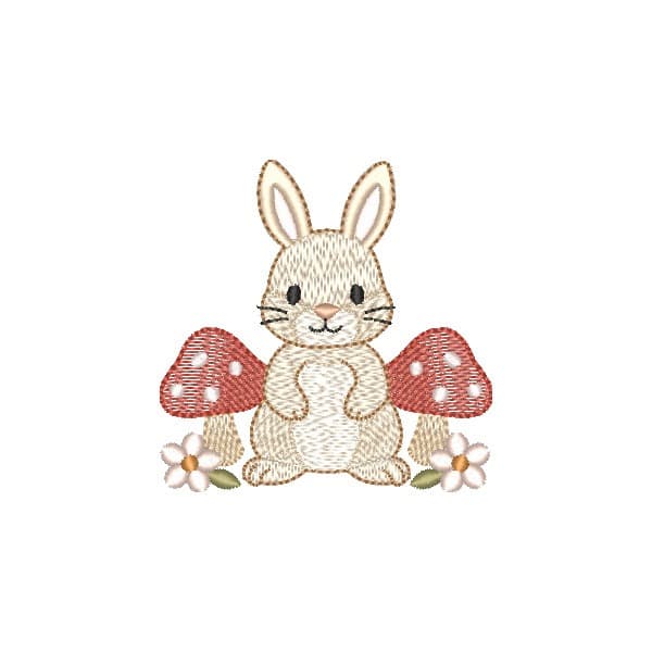 Matriz de Bordado  Coelhinho em pé entre Cogumelos (Pontos Leves)