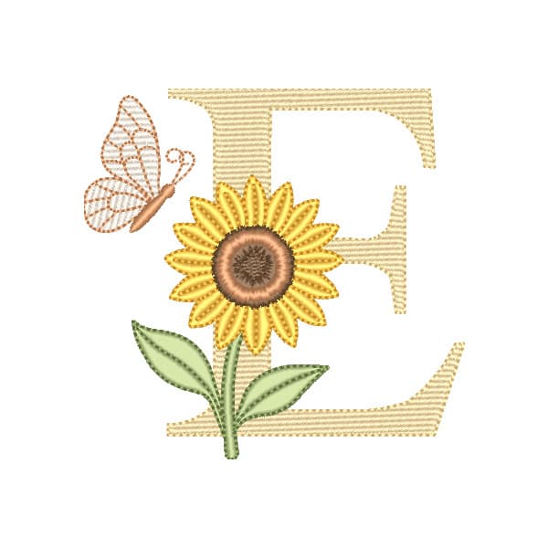 Matriz de Bordado  Letra E com Girassol e Borboleta (Pontos Leves)