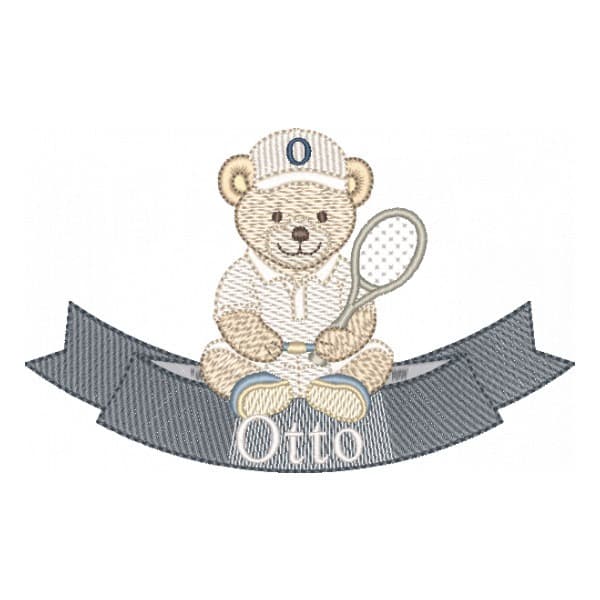 Matriz de Bordado  Ursinho Tenista na Faixa com Nome (Pontos Leves)